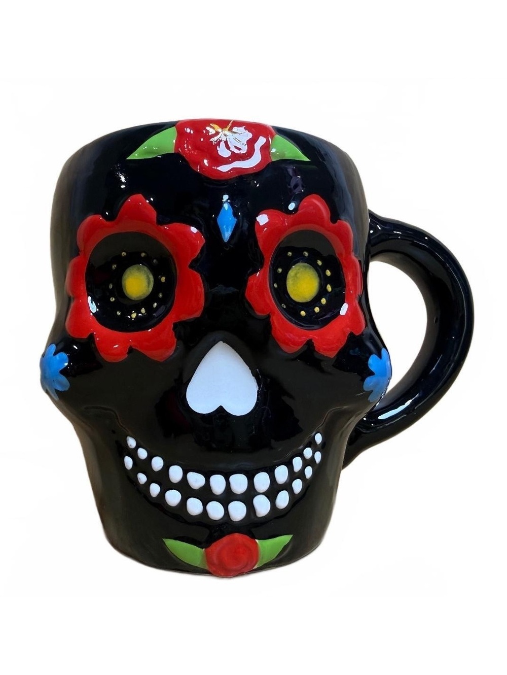 Hand Painted Black Skull Mug with Floral Design